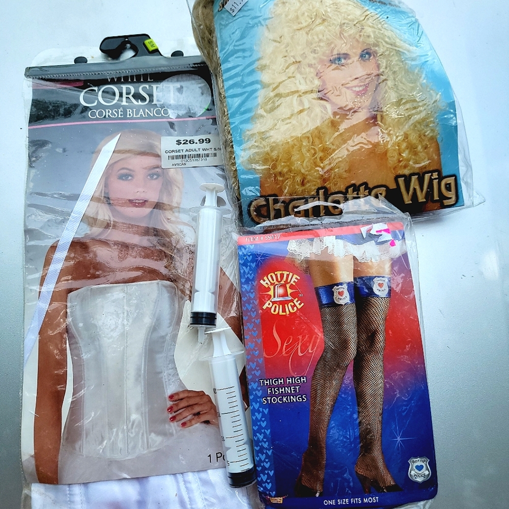 White Corset Blonde Wig Fishnet Stockings Halloween Costume Cosplay Make Offer
